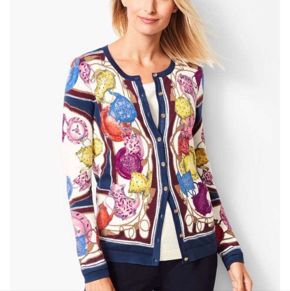 Talbots Women's Teapot Print Button Up Knit Cardigan Sweater size P